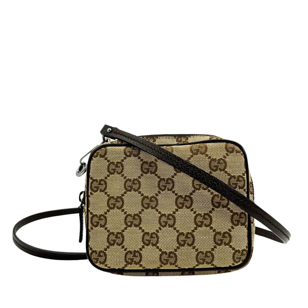 GUCCI Shoulder Bag Clutch GG Canvas Leather Khaki Green Beige Brown
